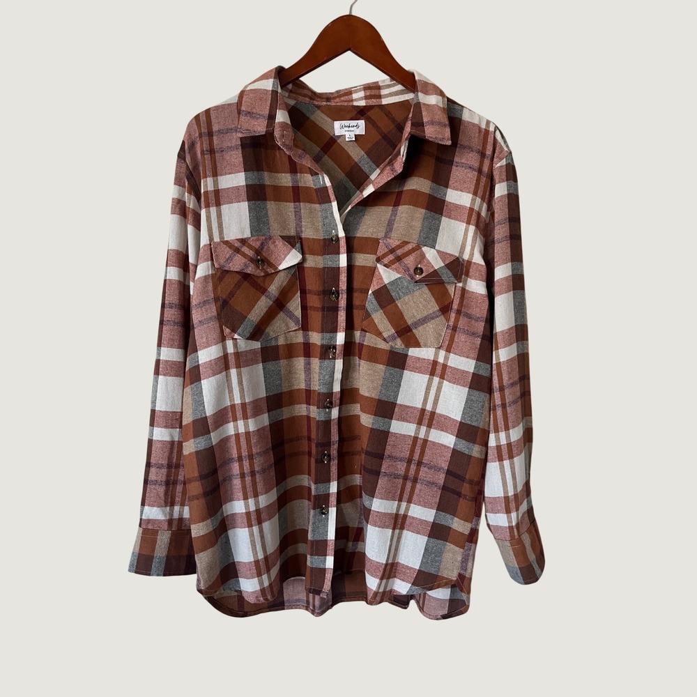 Weekends Everyday Womens Large Plaid Flannel Button Down Shirt Rust Brown L boho